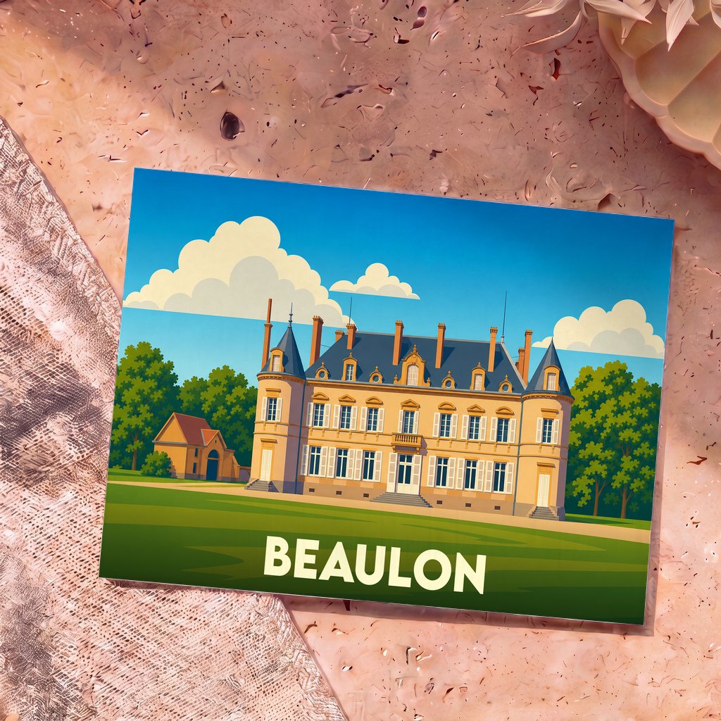Carte postale souvenir de la ville de Beaulon illustrant un château majestueux dans un style graphique épuré.