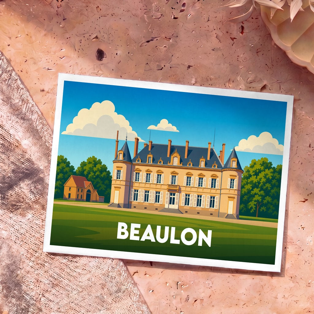 Carte postale souvenir de la ville de Beaulon illustrant un château majestueux dans un style graphique épuré.