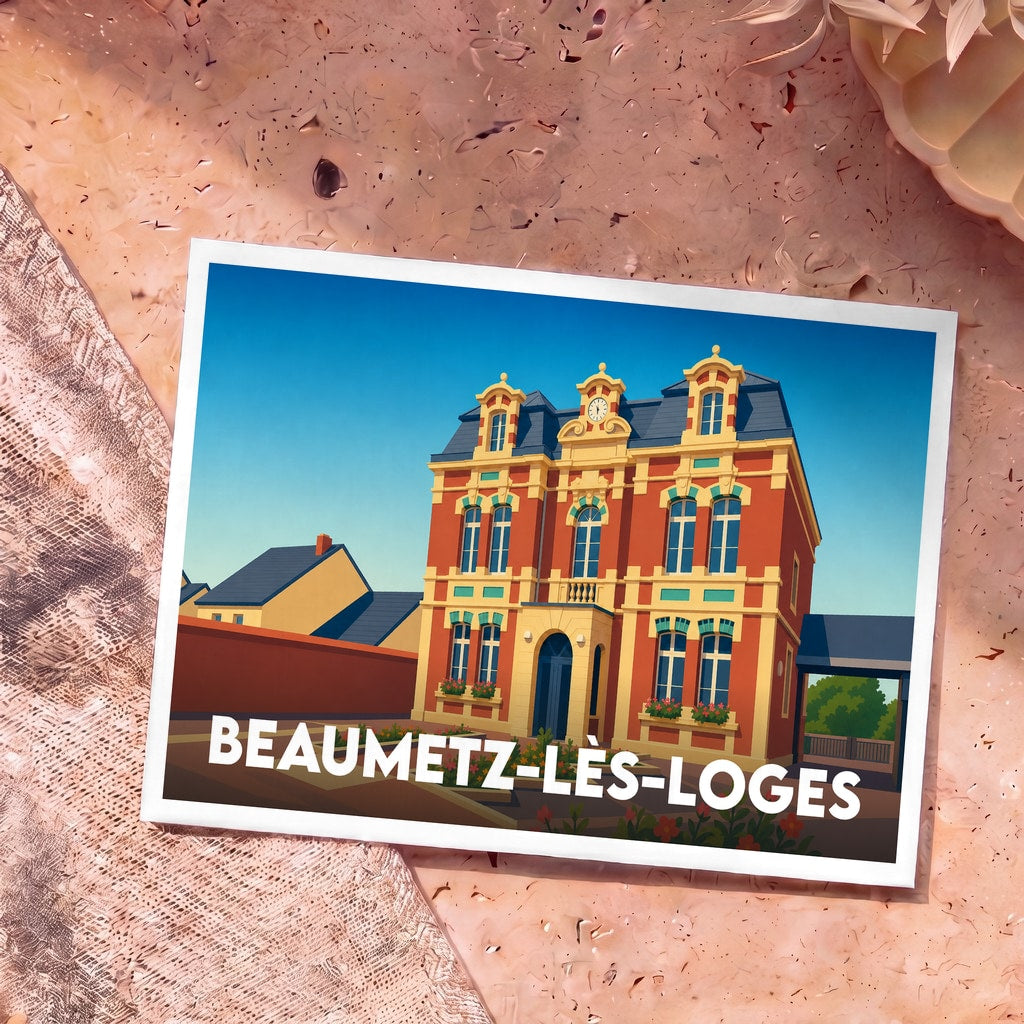 Carte postale souvenir de la ville de Beaumetz-lès-Loges avec une illustration stylisée de sa mairie.