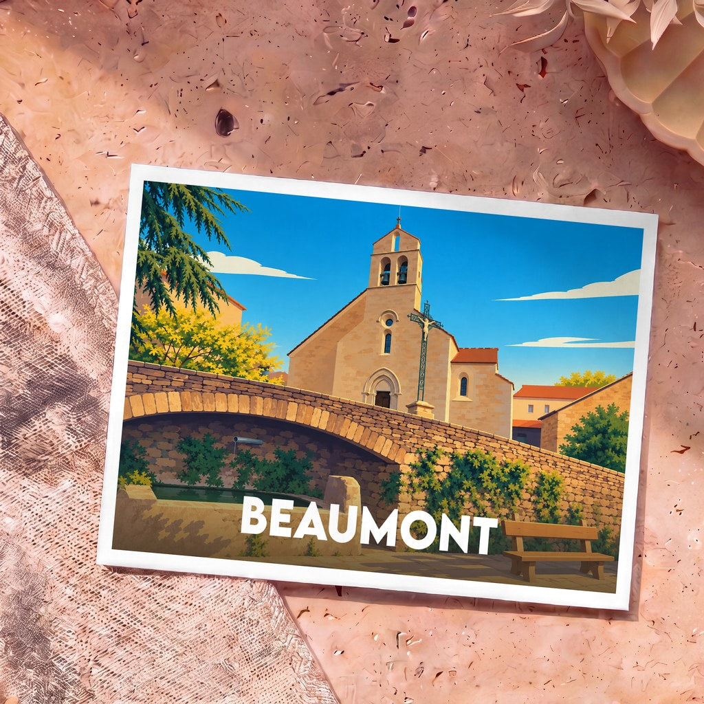 Carte postale souvenir de Beaumont avec une illustration stylisée de son église et d'un pont en pierre.