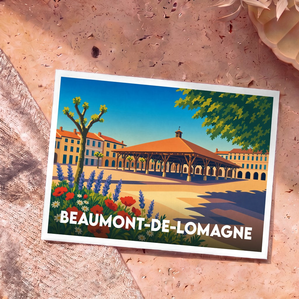 Carte postale souvenir de la ville de Beaumont-de-Lomagne avec une illustration stylisée de sa halle médiévale.