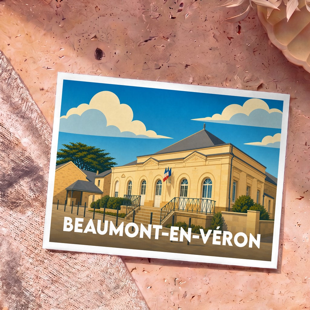 Carte postale souvenir de la ville de Beaumont-en-Véron avec une illustration stylisée de sa mairie.