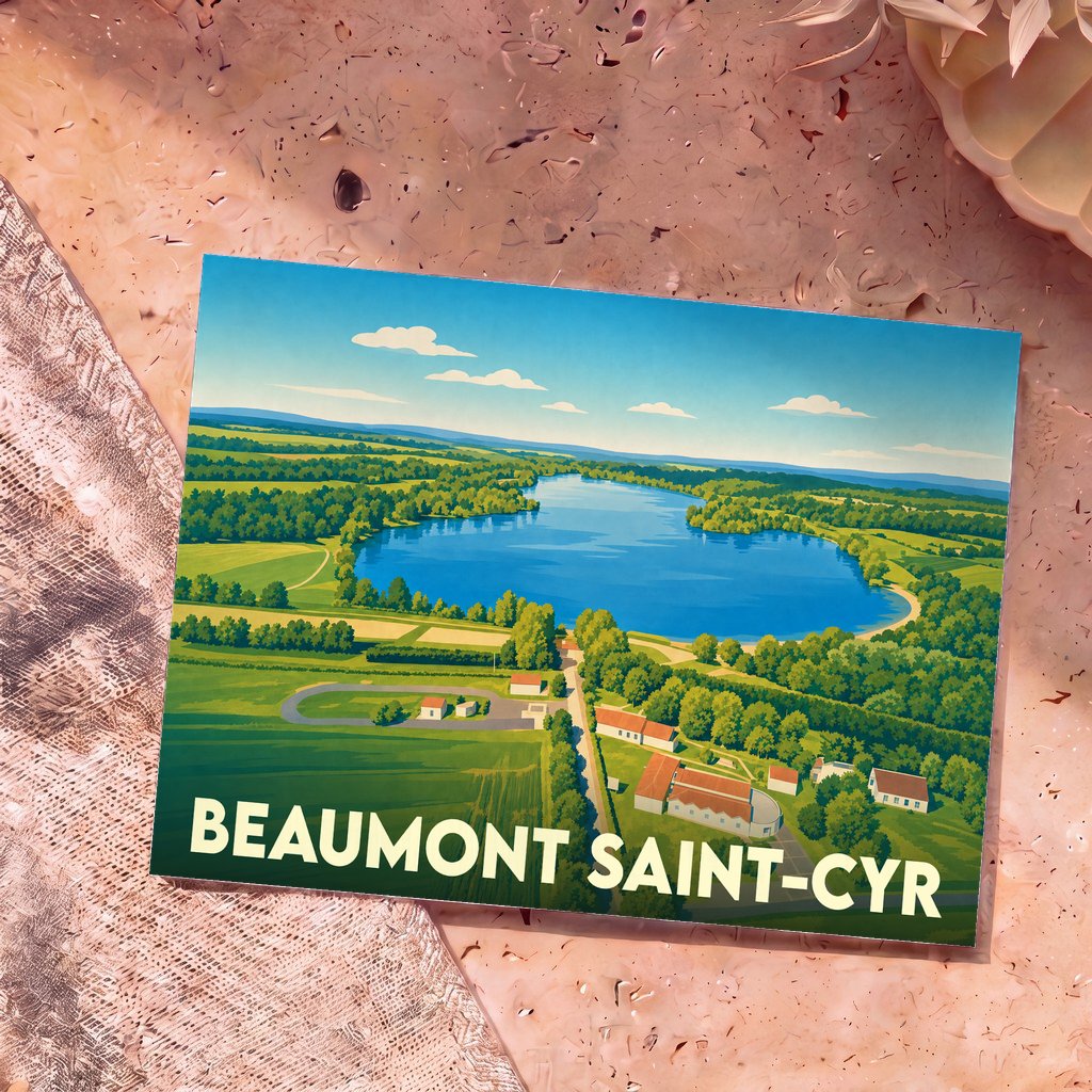 Carte postale souvenir de la ville de Beaumont Saint-Cyr avec une illustration stylisée d'un lac entouré de verdure.