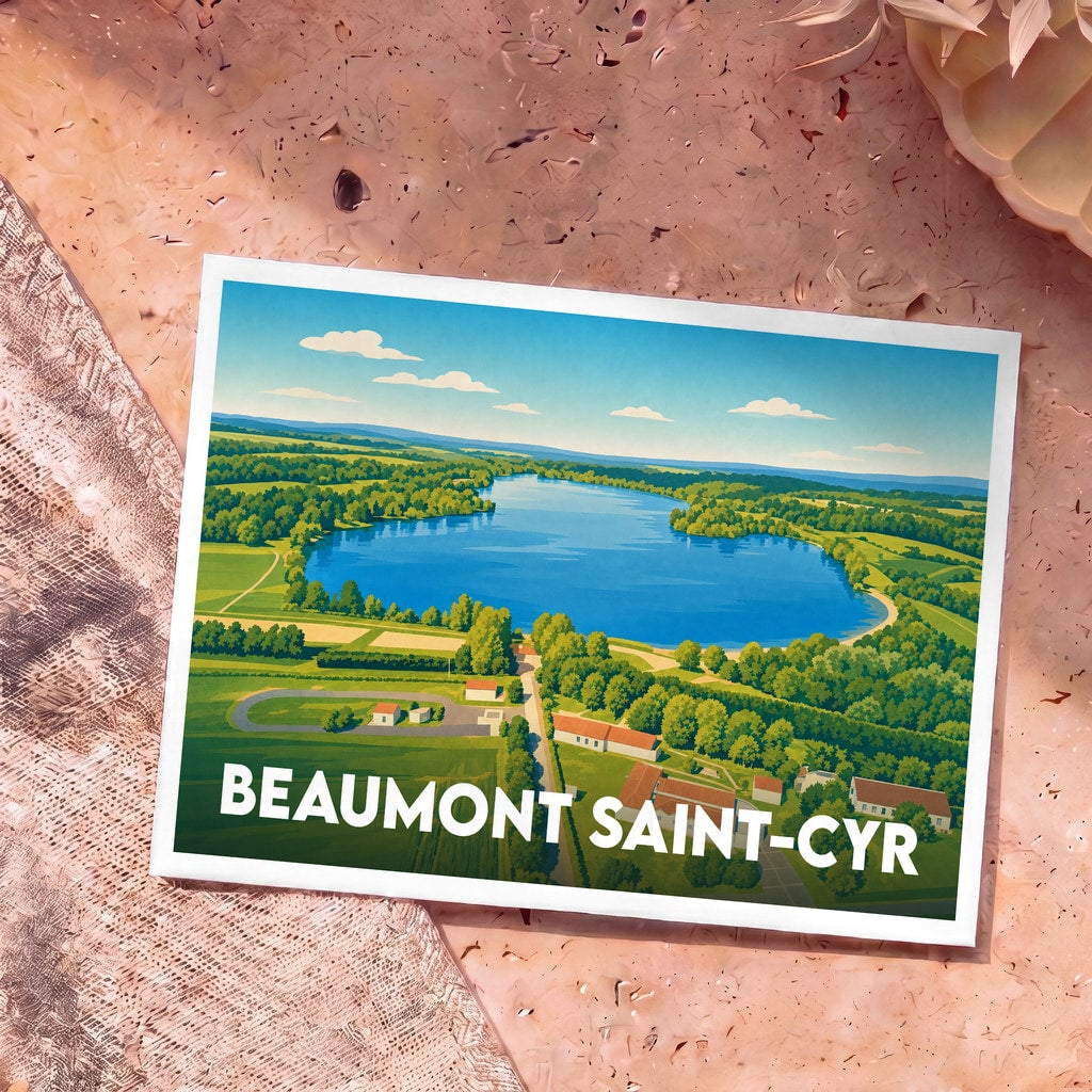 Carte postale souvenir de la ville de Beaumont Saint-Cyr avec une illustration stylisée d'un lac entouré de verdure.