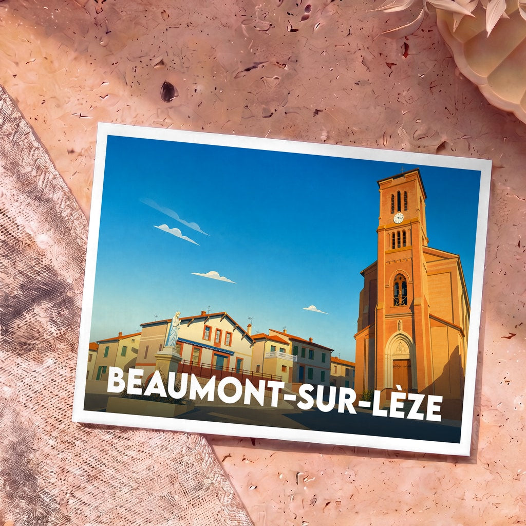 Carte postale souvenir de la ville de Beaumont-sur-Lèze avec une illustration stylisée de son église et de ses maisons.