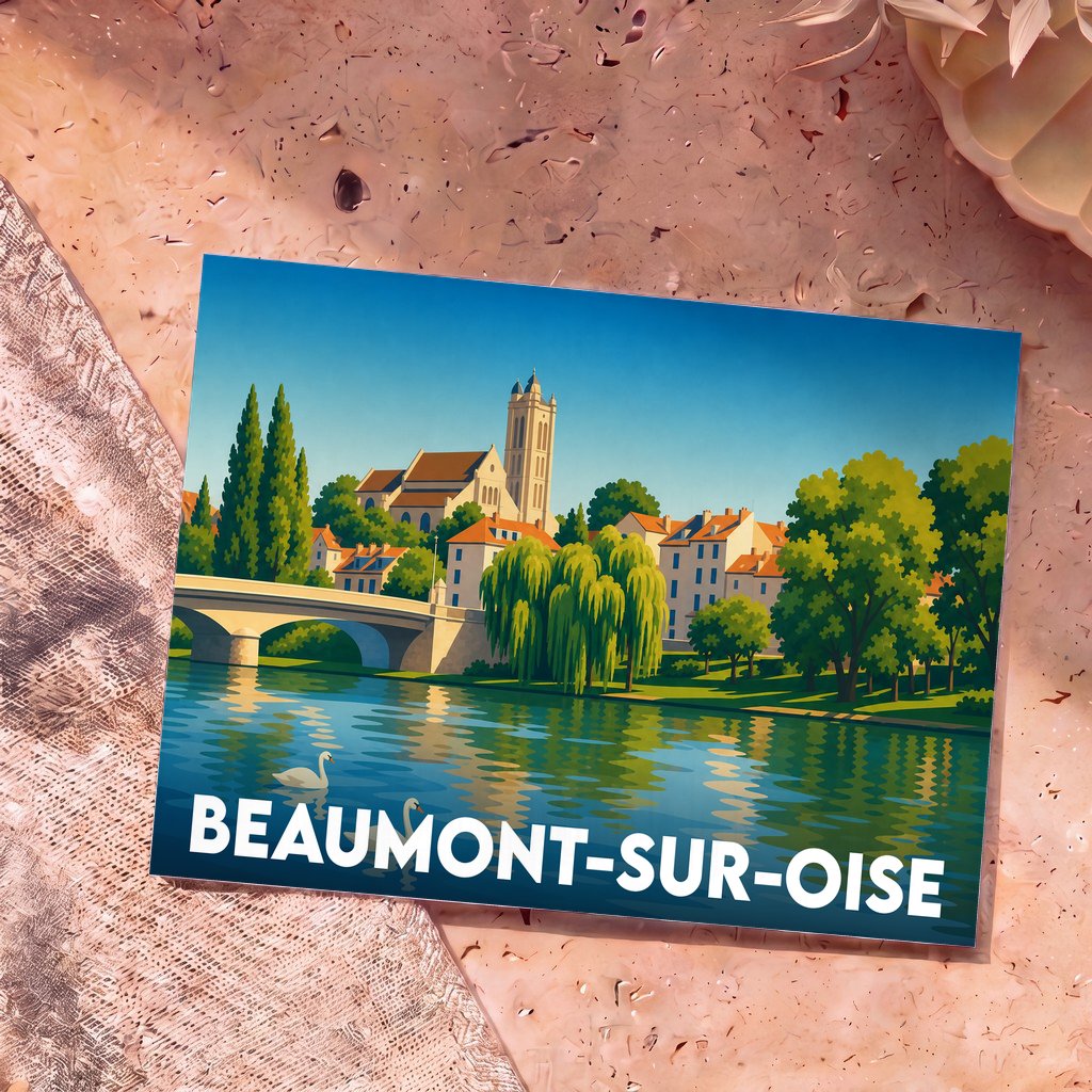 Carte postale souvenir de Beaumont-sur-Oise illustrant son pont et son église au bord de l'eau.