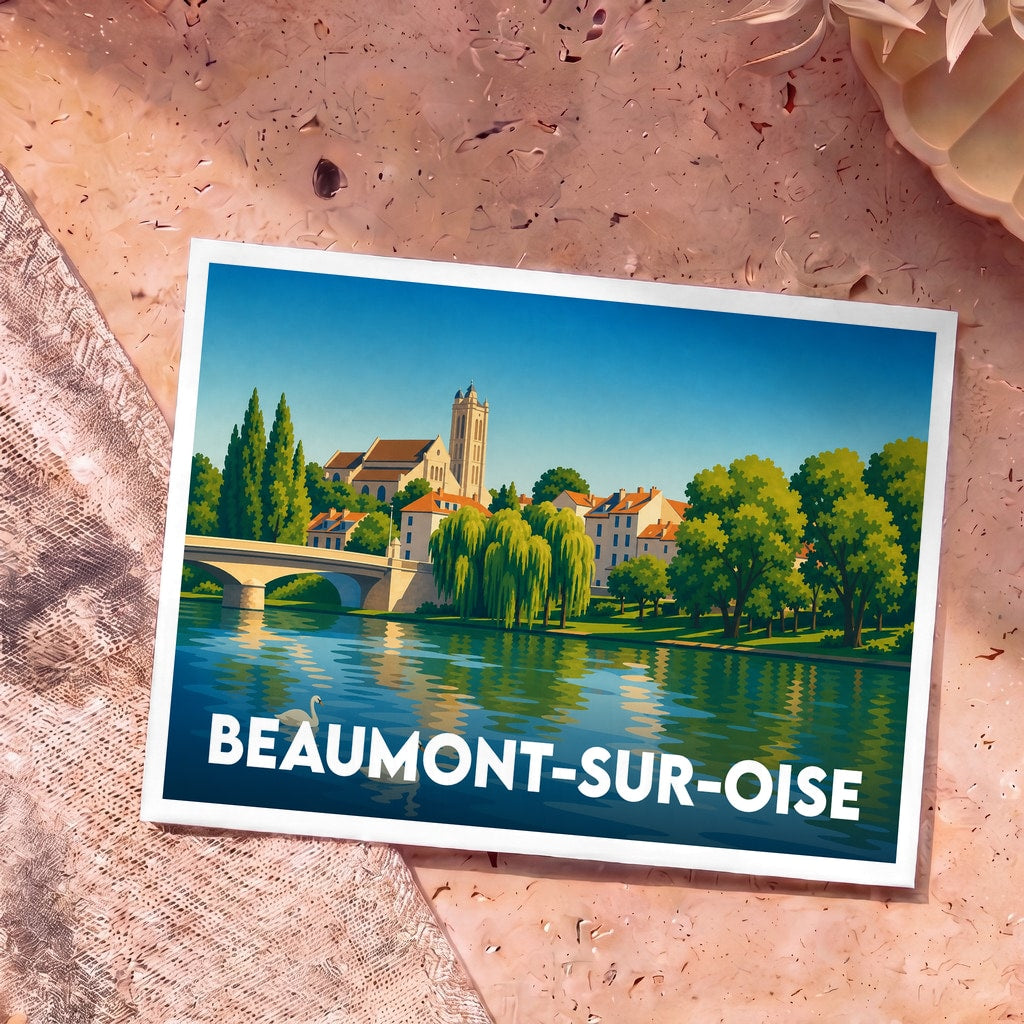 Carte postale souvenir de Beaumont-sur-Oise illustrant son pont et son église au bord de l'eau.