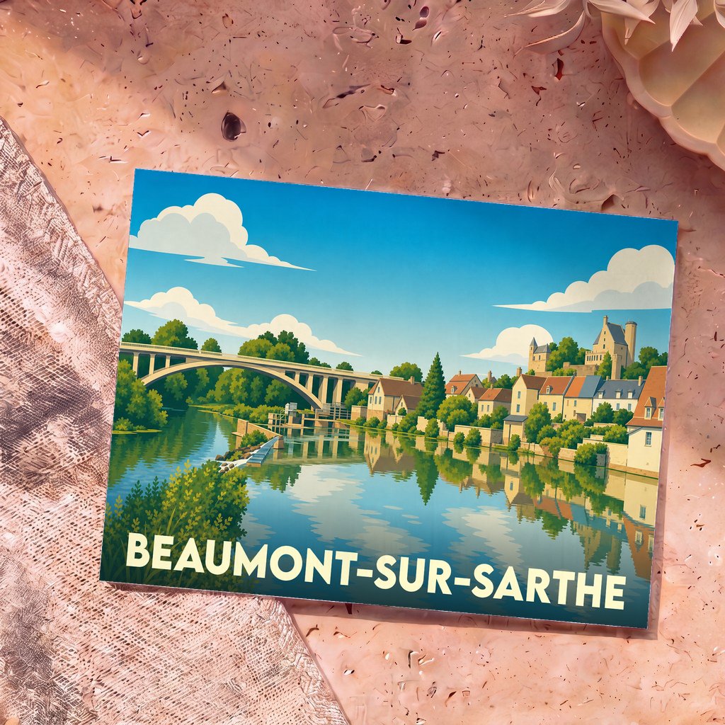 Carte postale souvenir de la ville de Beaumont-sur-Sarthe avec une illustration stylisée du pont et des maisons en bord de rivière.