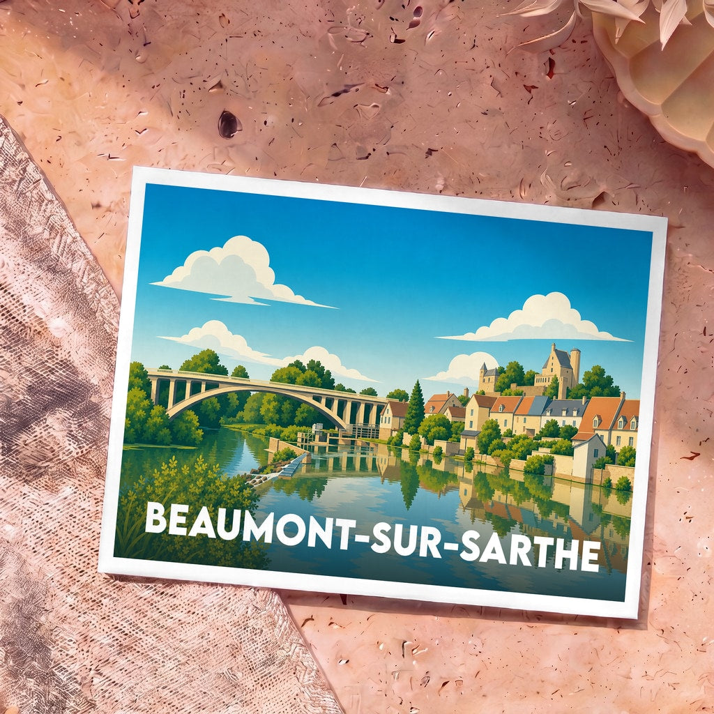 Carte postale souvenir de la ville de Beaumont-sur-Sarthe avec une illustration stylisée du pont et des maisons en bord de rivière.