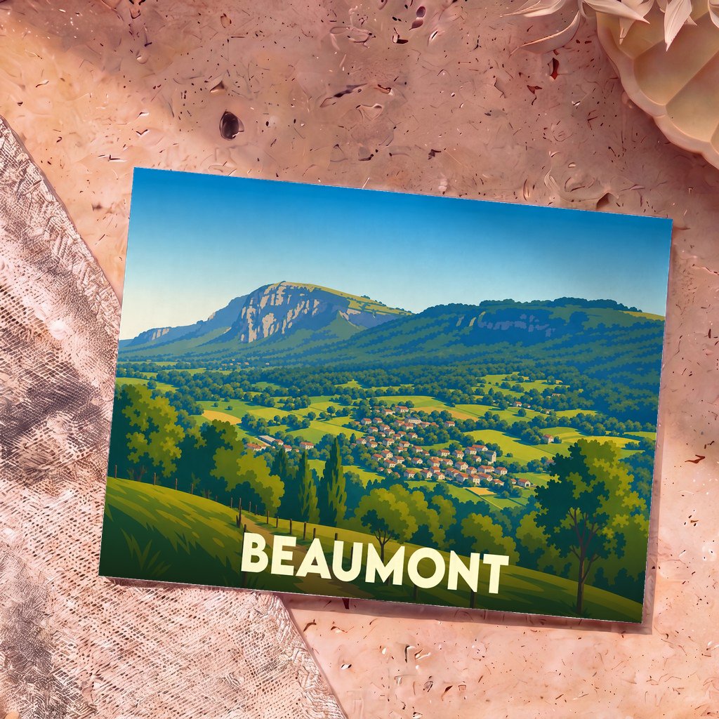 Carte postale souvenir de la ville de Beaumont avec une illustration stylisée d'un paysage de vallée verdoyante.