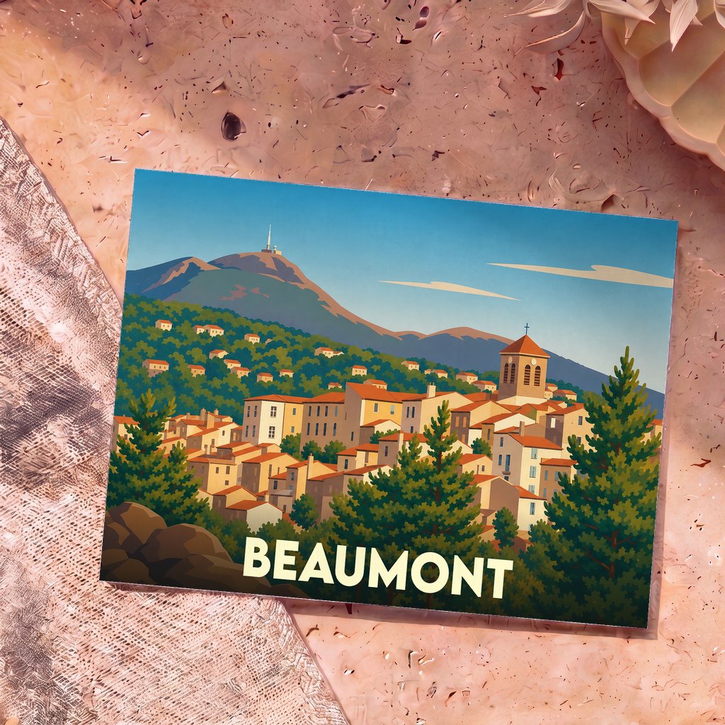 Carte postale souvenir de la ville de Beaumont avec une illustration stylisée d'un village de montagne.