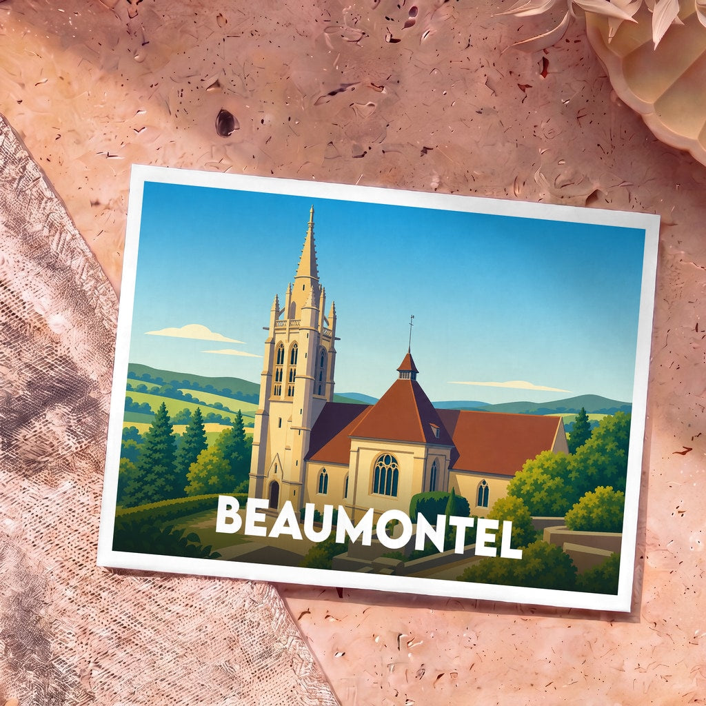 Carte postale souvenir de la ville de Beaumontel avec une illustration stylisée de son église et des paysages environnants.