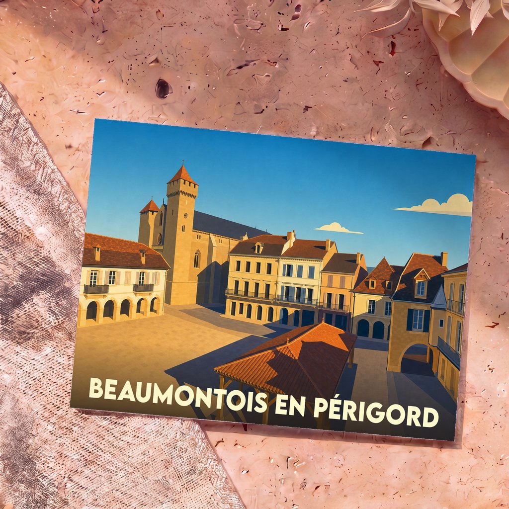 Carte postale souvenir de la ville de Beaumontois en Périgord avec une illustration stylisée de sa place centrale.