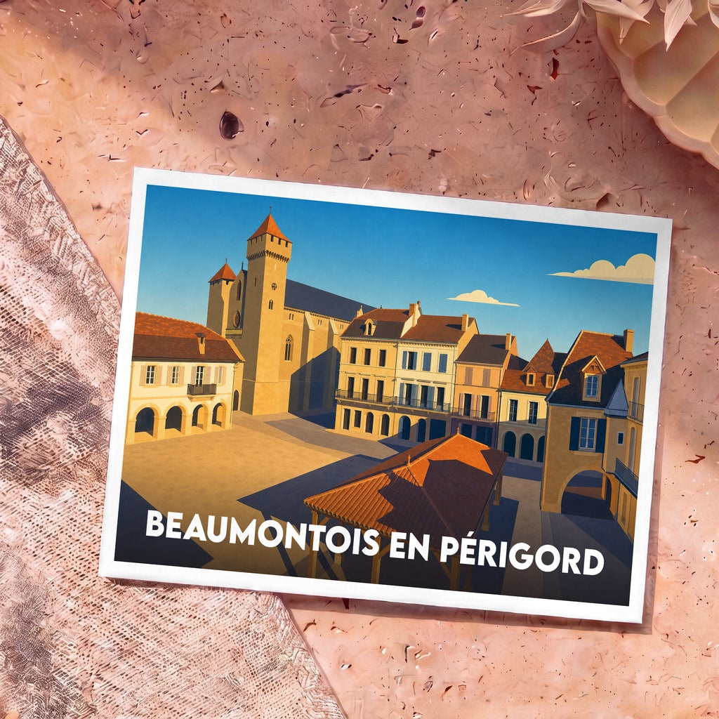 Carte postale souvenir de la ville de Beaumontois en Périgord avec une illustration stylisée de sa place centrale.
