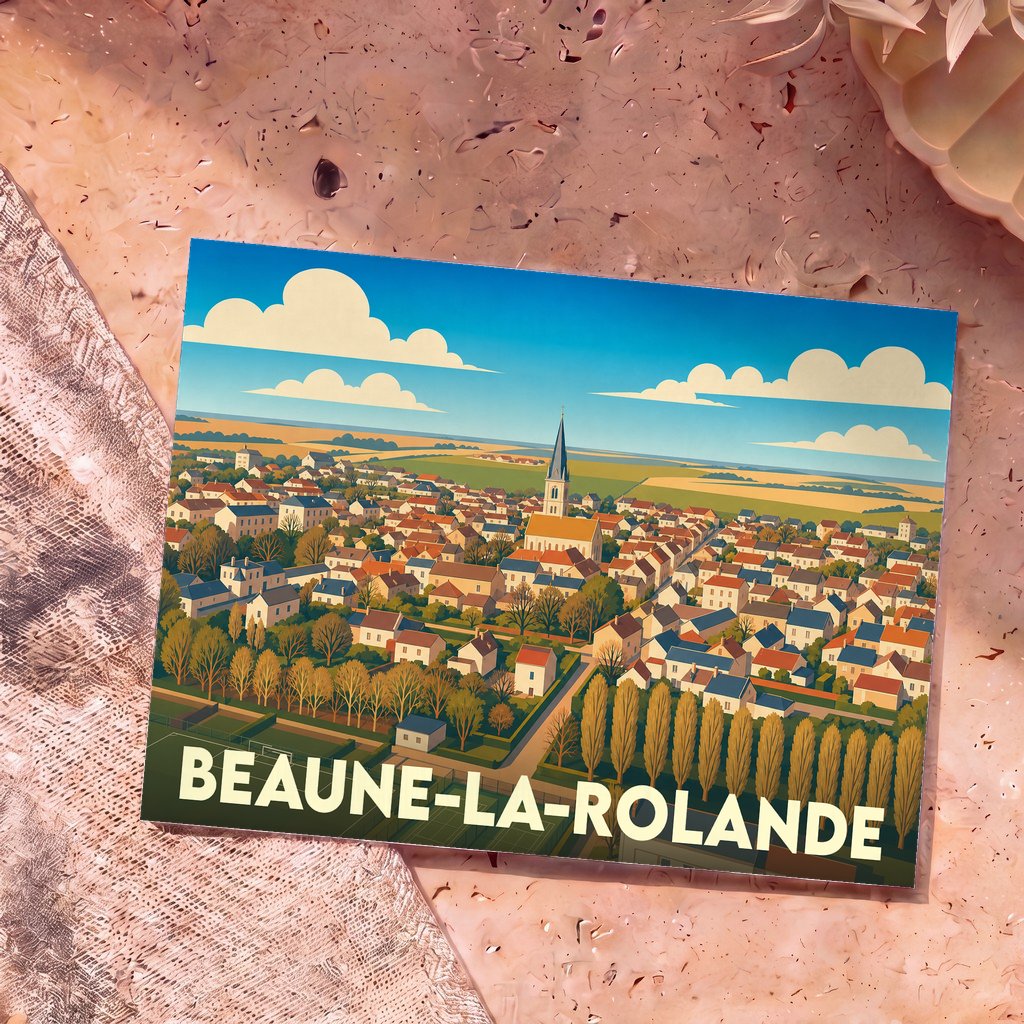 Carte postale souvenir de la ville de Beaune-la-Rolande avec une illustration stylisée vue du ciel.
