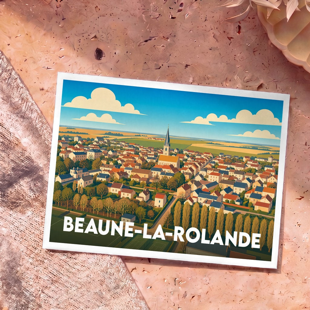Carte postale souvenir de la ville de Beaune-la-Rolande avec une illustration stylisée vue du ciel.