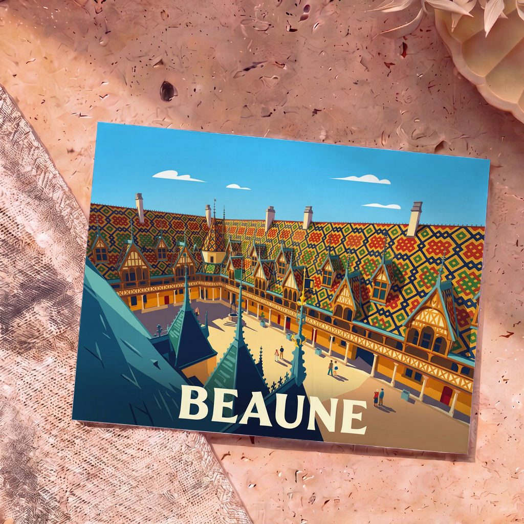 Carte postale souvenir de la ville de Beaune représentant l'Hospice et ses toits en tuiles vernissées dans un style illustré.