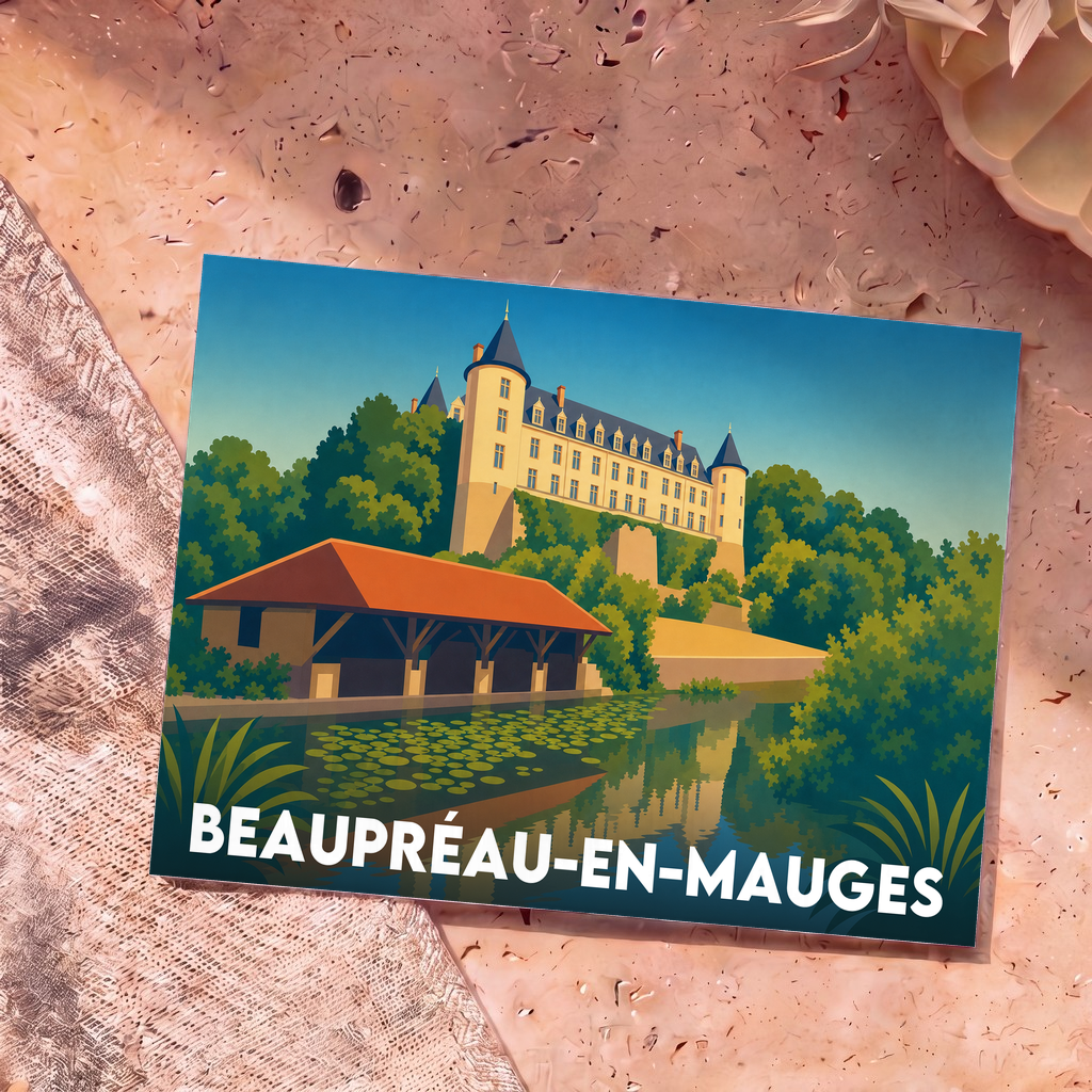Carte postale souvenir de la ville de Beaupréau-en-Mauges illustrant son château et son lavoir dans un style graphique épuré.