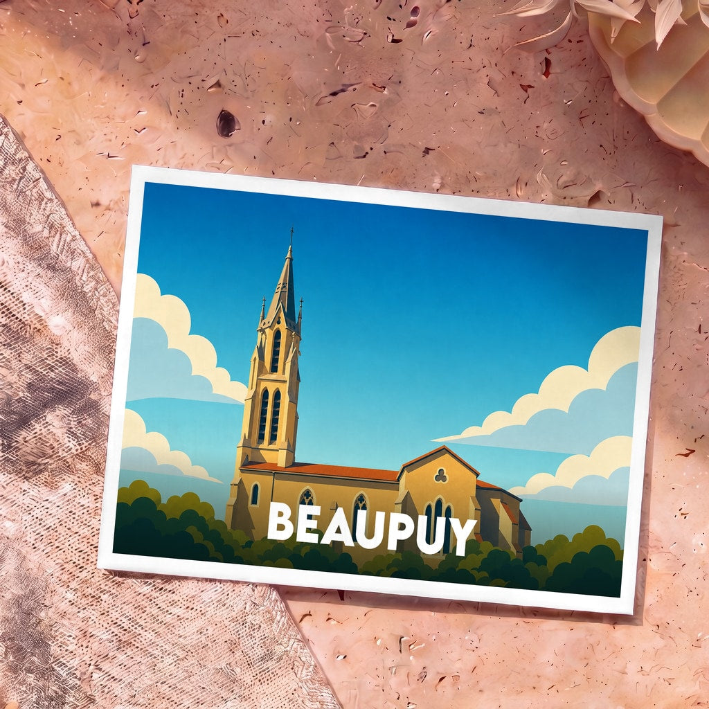 Carte postale souvenir de la ville de Beaupuy illustrant son église avec un style graphique épuré.
