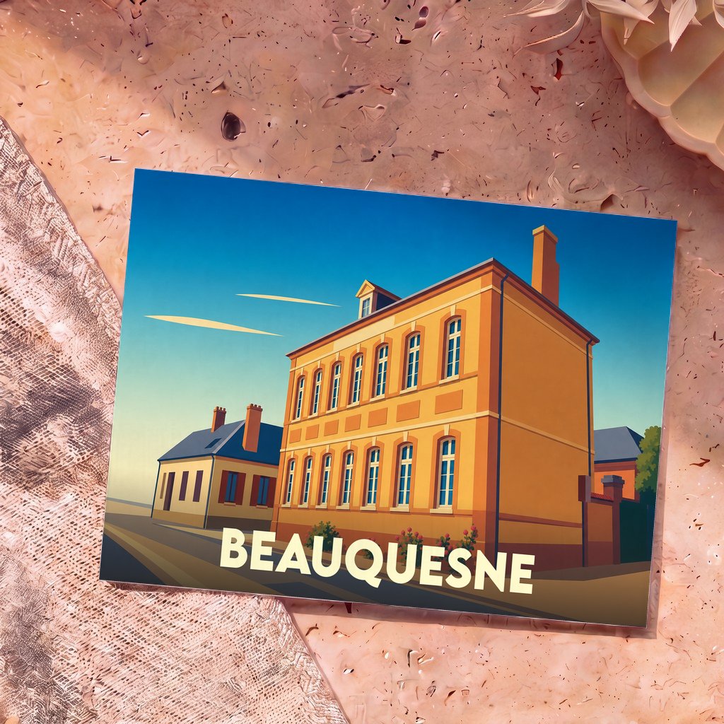 Carte postale souvenir de la ville de Beauquesne avec une illustration stylisée de bâtiments historiques locaux.
