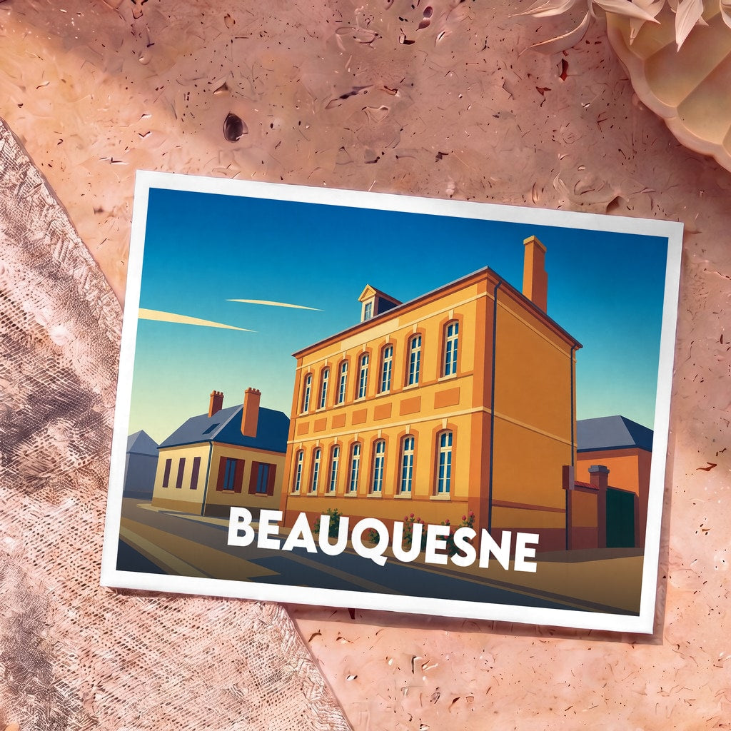 Carte postale souvenir de la ville de Beauquesne avec une illustration stylisée de bâtiments historiques locaux.