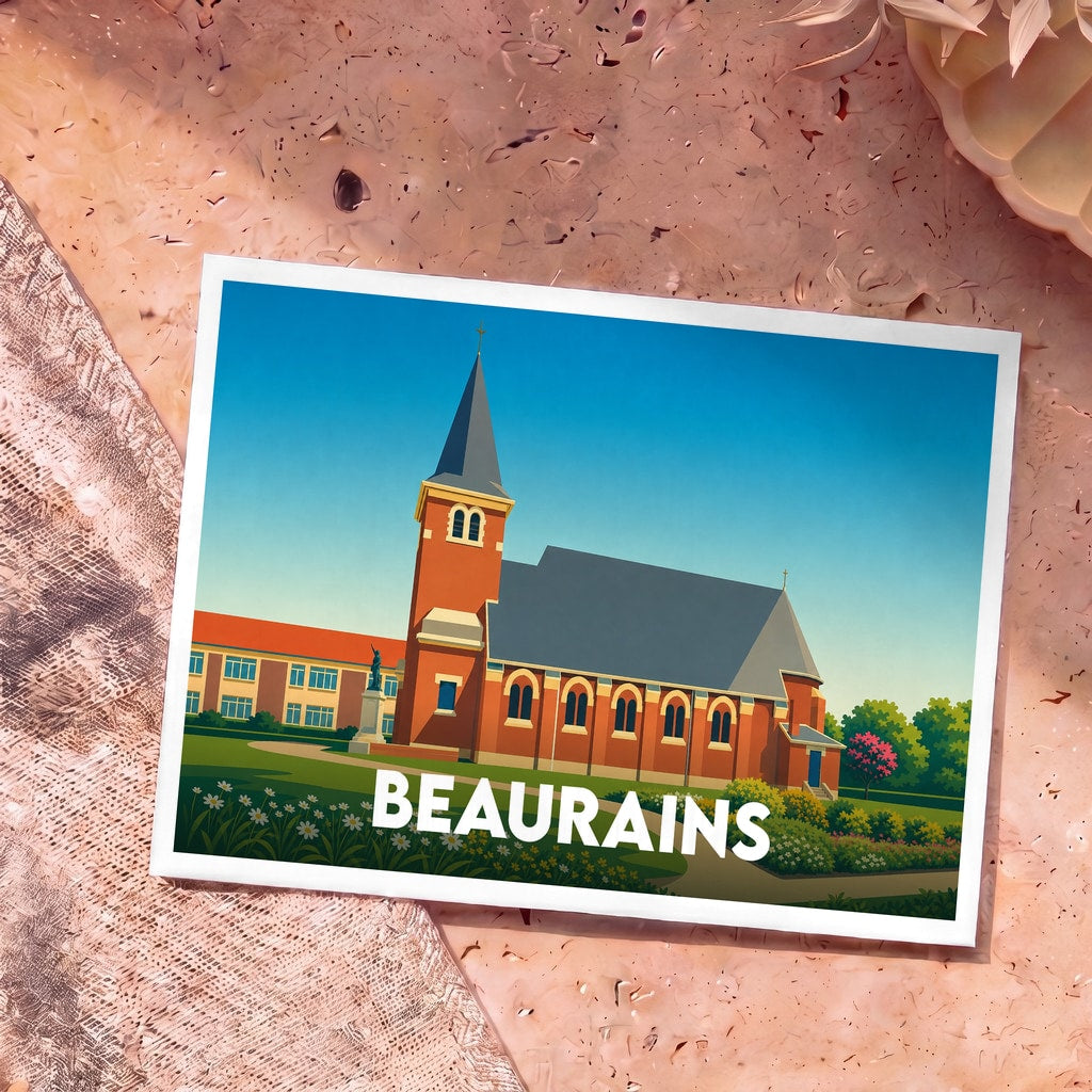 Carte postale souvenir de la ville de Beaurains avec une illustration stylisée de son église.