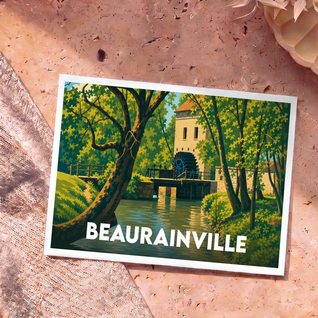Carte postale souvenir de Beaurainville avec une illustration colorée et stylisée représentant son moulin à eau.