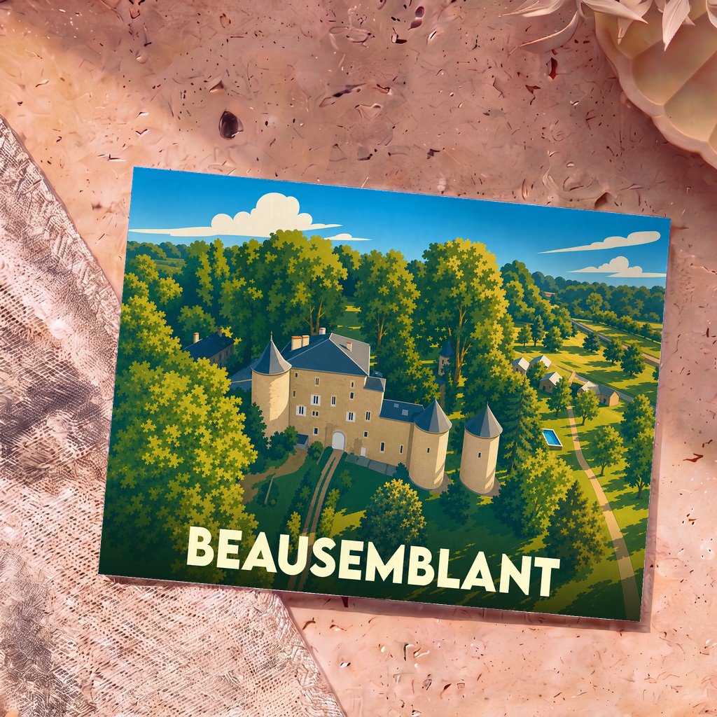 Carte postale souvenir de la ville de Beausemblant avec une illustration stylisée de son château niché dans la verdure.