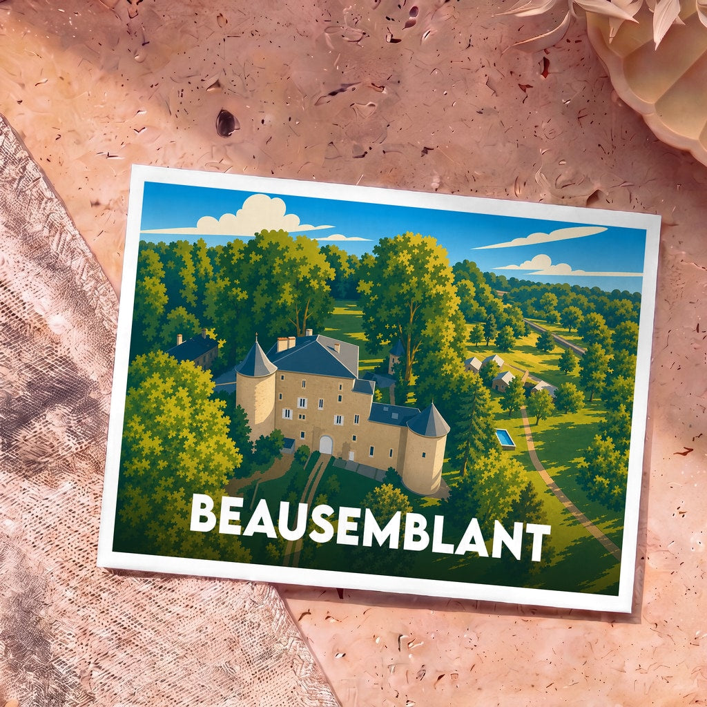Carte postale souvenir de la ville de Beausemblant avec une illustration stylisée de son château niché dans la verdure.