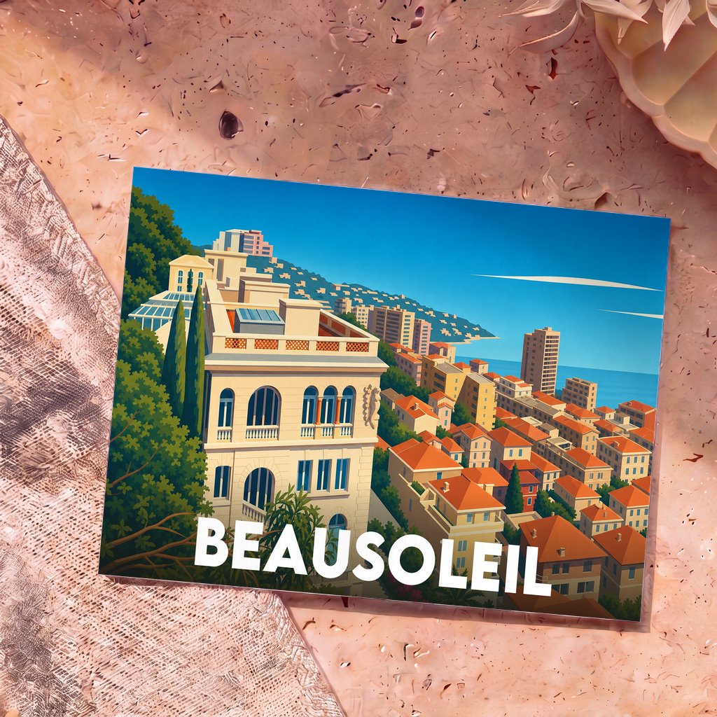 Carte postale souvenir de la ville de Beausoleil avec une illustration stylisée de son architecture en bord de mer.