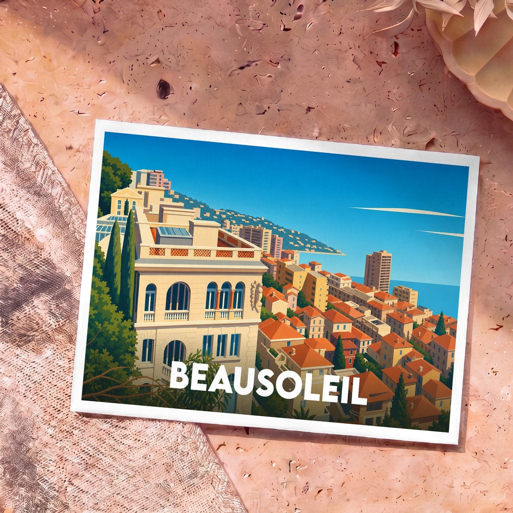 Carte postale souvenir de la ville de Beausoleil avec une illustration stylisée de son architecture en bord de mer.