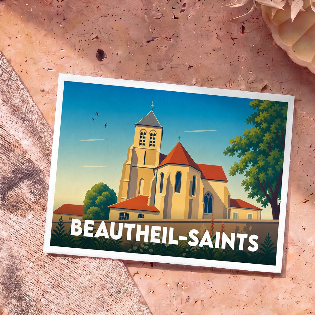 Carte postale souvenir de Beautheil-Saints avec une illustration stylisée de son église sous un ciel bleu.