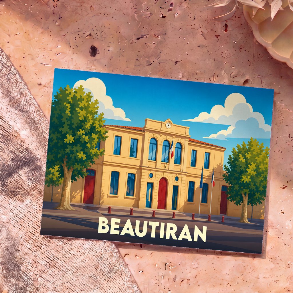 Carte postale souvenir de la ville de Beautiran illustrant sa mairie dans un style graphique et coloré.