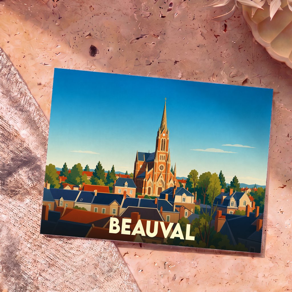 Carte postale souvenir de la ville de Beauval illustrant son église et ses toits dans un style graphique épuré.