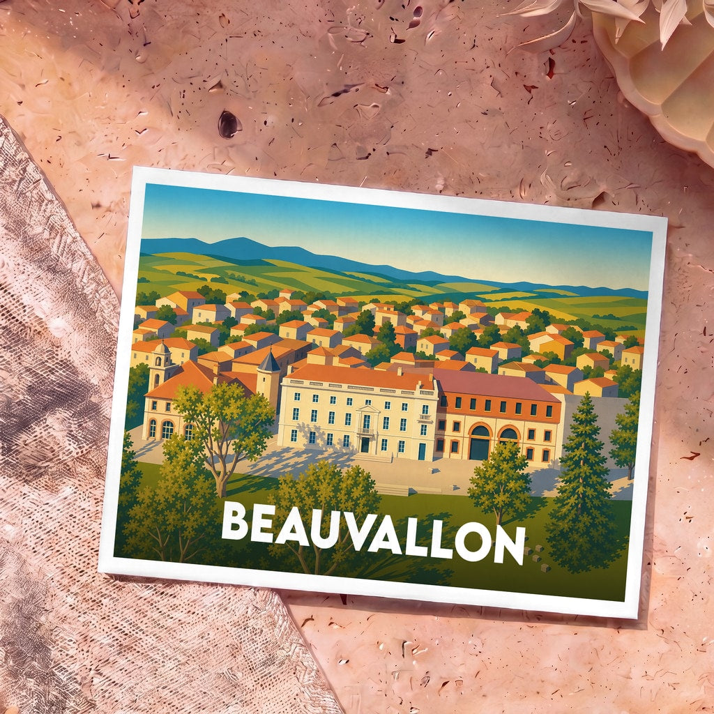 Carte postale souvenir de la ville de Beauvallon avec une illustration stylisée.