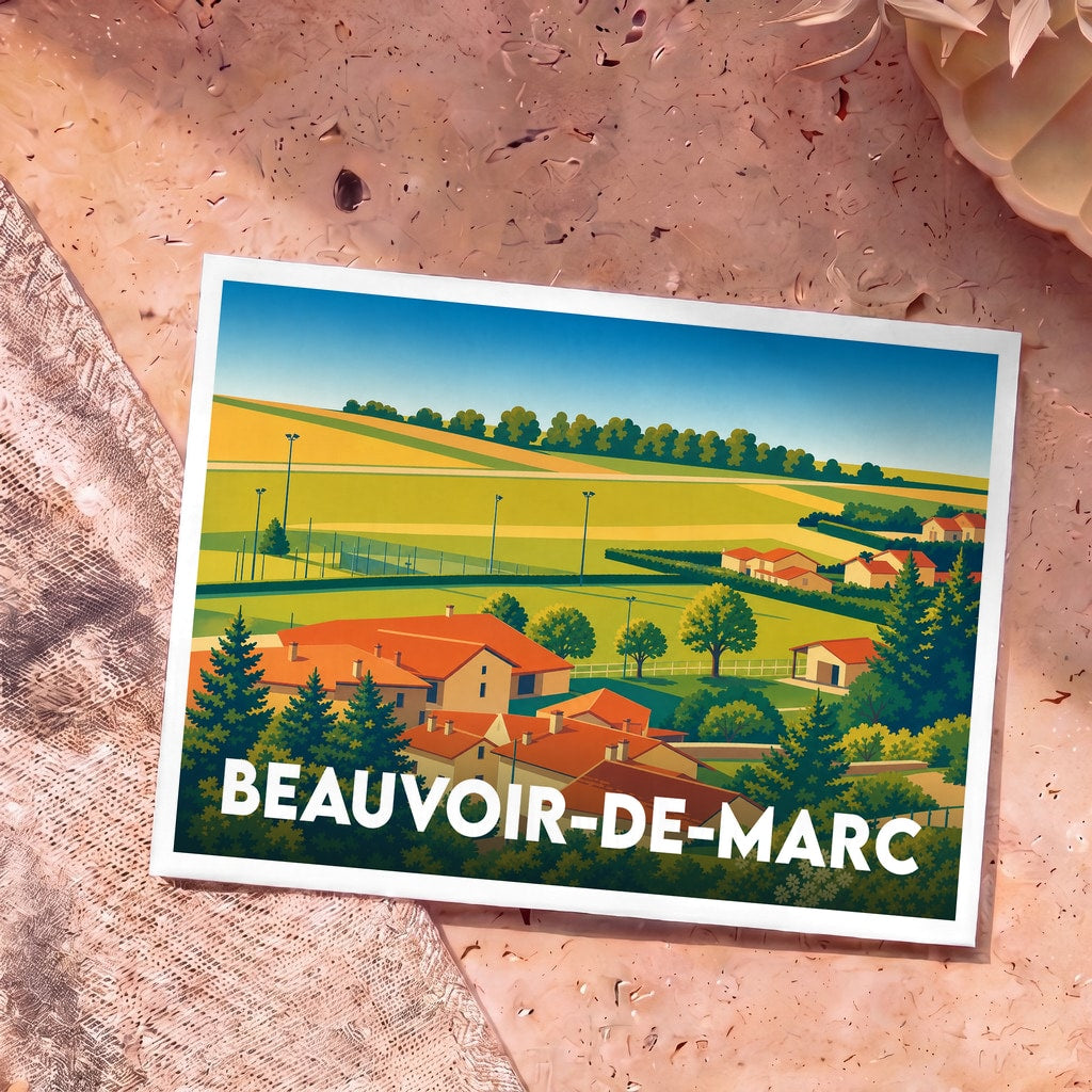 Carte postale souvenir de la ville de Beauvoir-de-Marc avec une illustration paysagère stylisée.