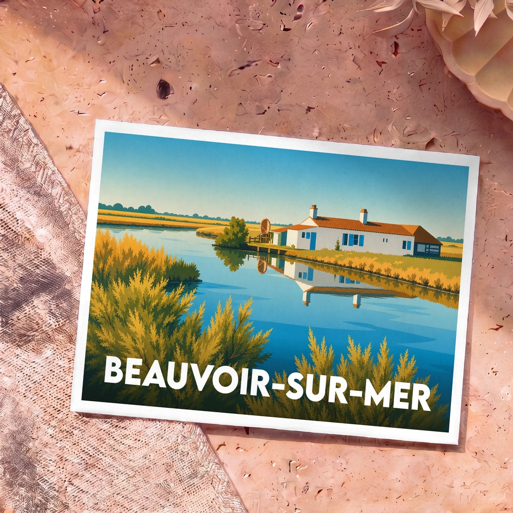 Carte postale souvenir de la ville de Beauvoir-sur-Mer avec une illustration stylisée d'une maison au bord de l'eau.