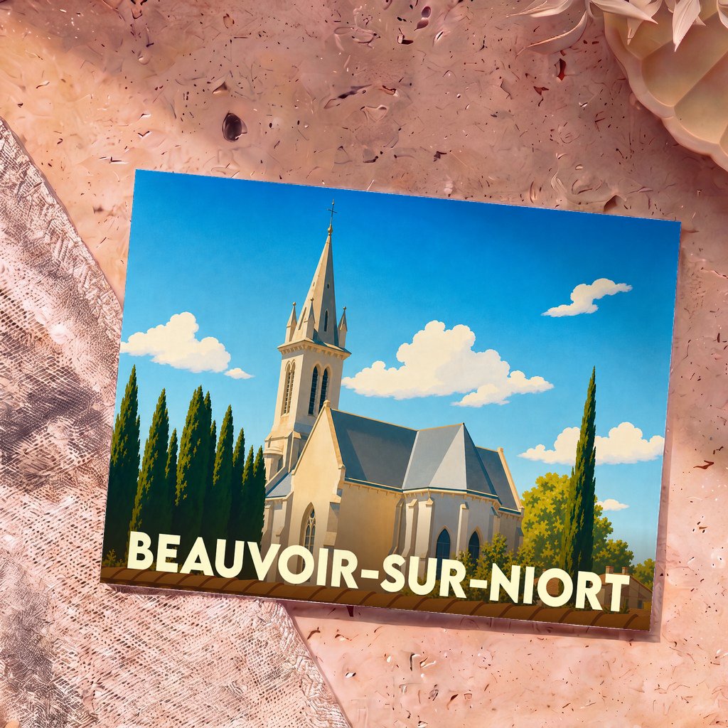Carte postale souvenir de la ville de Beauvoir-sur-Niort illustrant son église dans un style graphique épuré.