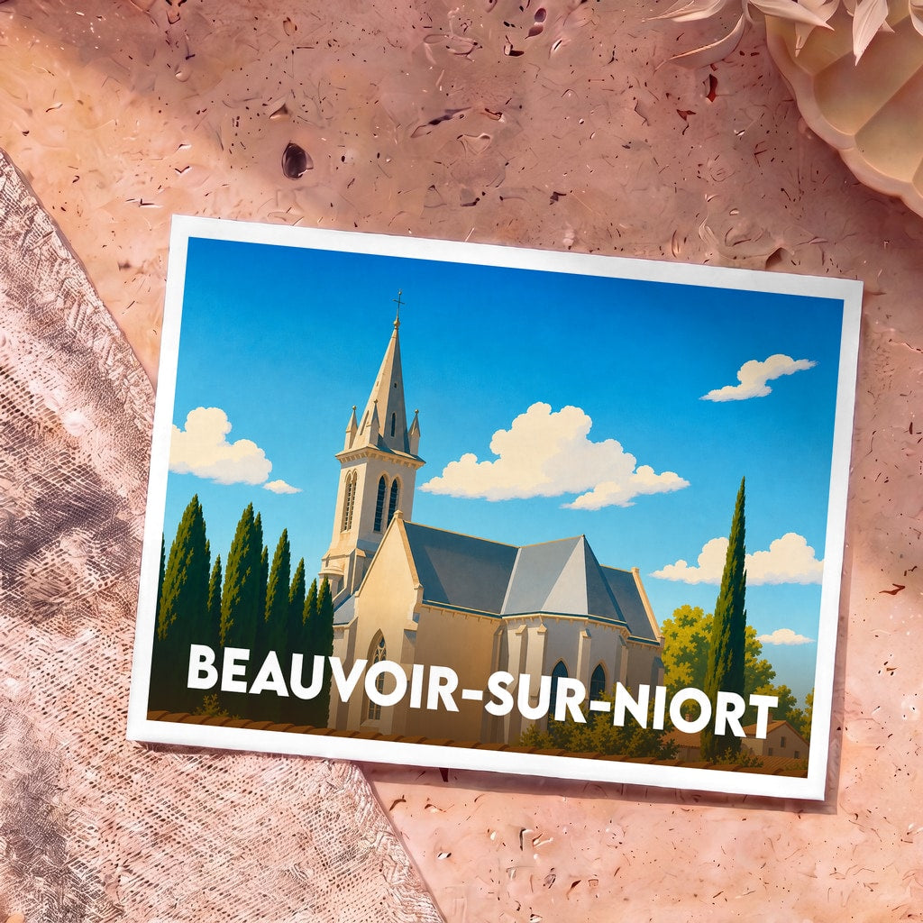 Carte postale souvenir de la ville de Beauvoir-sur-Niort illustrant son église dans un style graphique épuré.