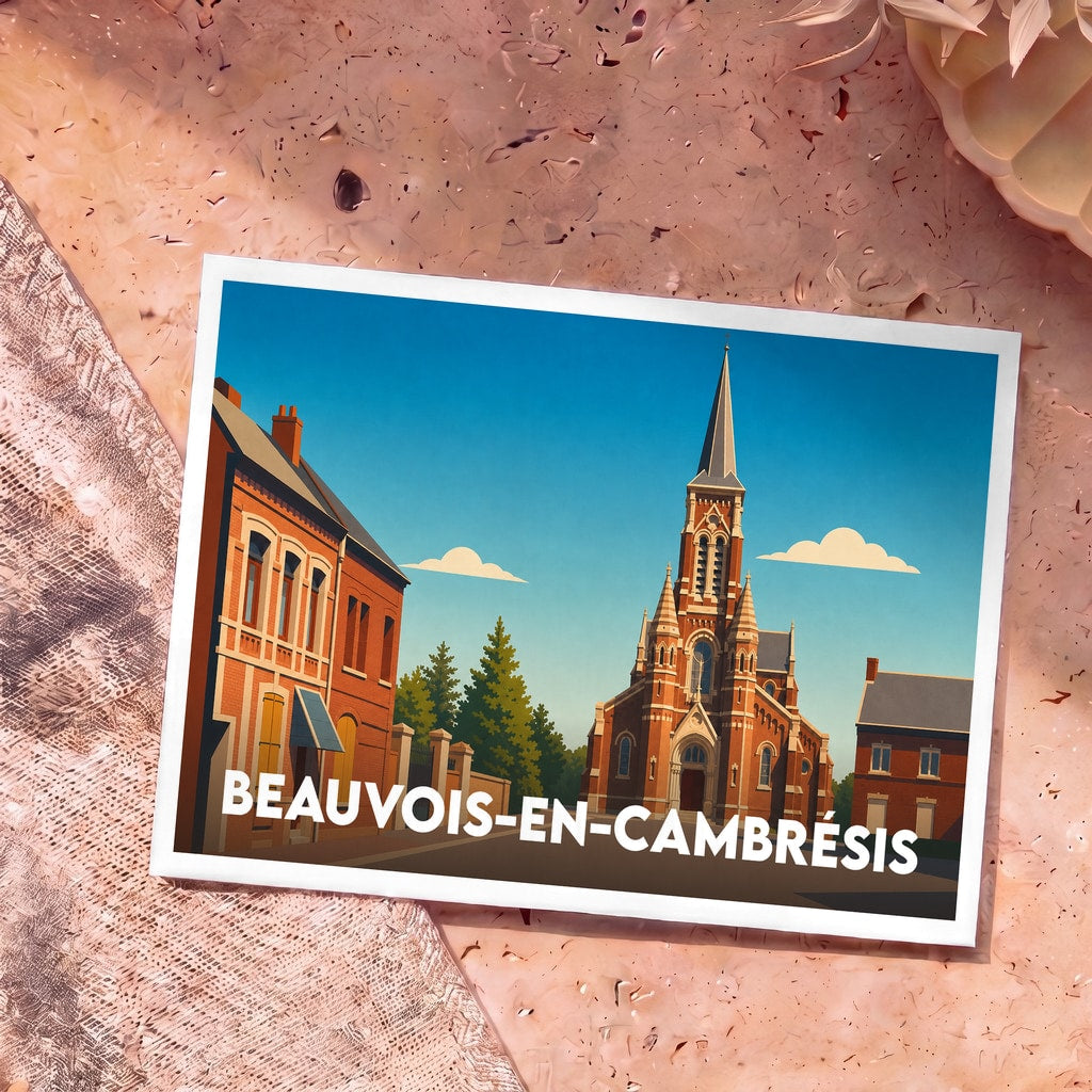 Carte postale souvenir de la ville de Beauvois-en-Cambrésis illustrant son église et son architecture locale dans un style graphique épuré.