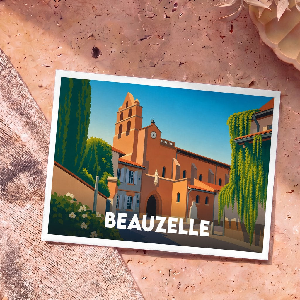 Carte postale souvenir de la ville de Beauzelle arborant une illustration stylisée de son église sous un ciel bleu.