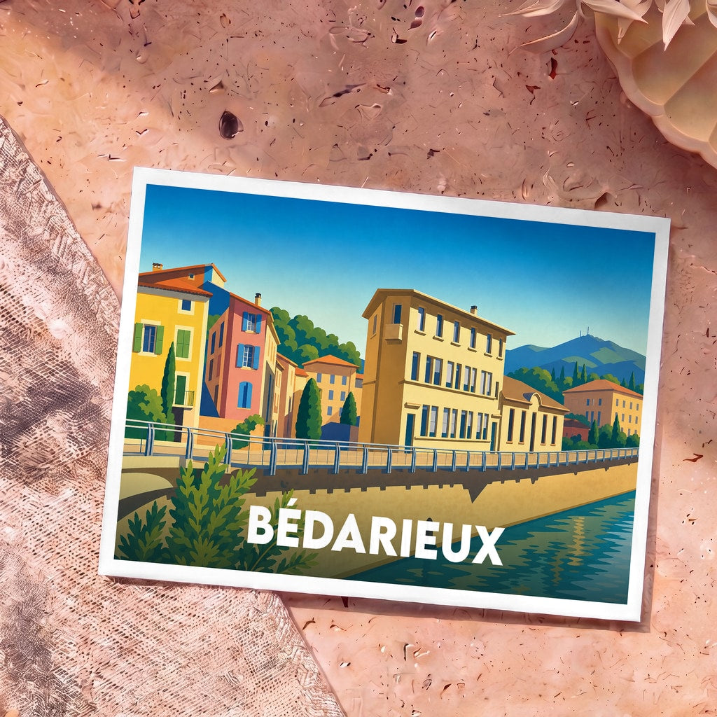 Carte postale souvenir de la ville de Bédarieux illustrant ses maisons colorées en bord de rivière.