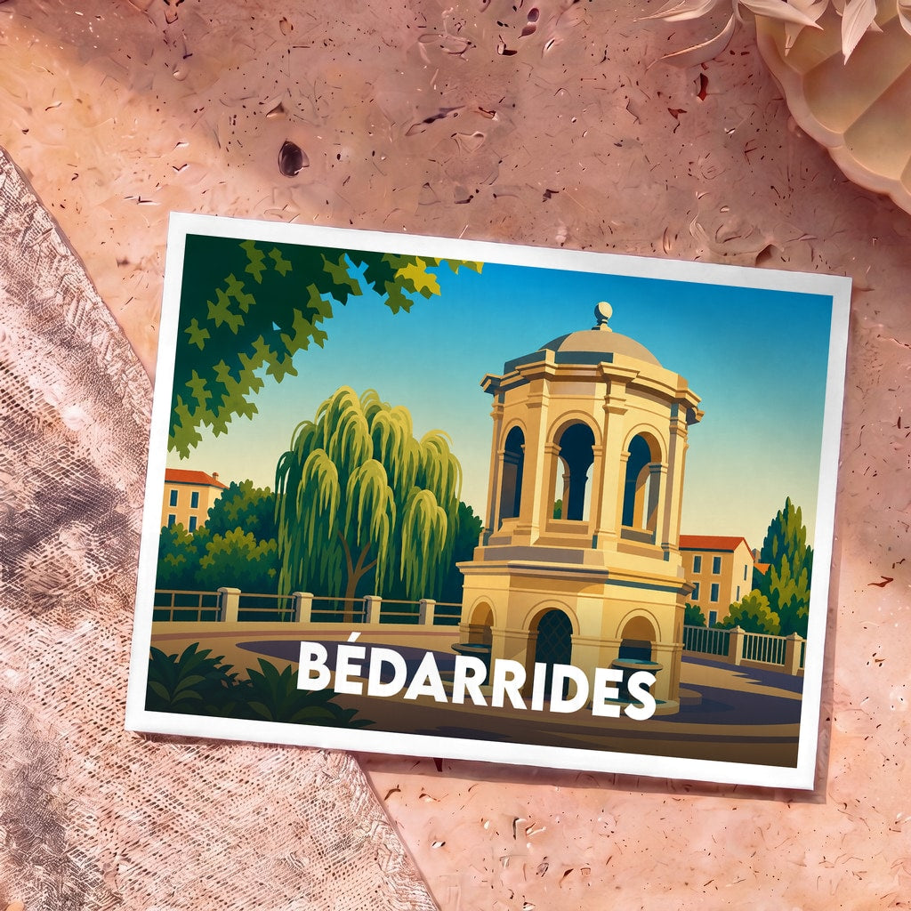 Carte postale souvenir de la ville de Bédarrides avec une illustration stylisée de sa fontaine monumentale.