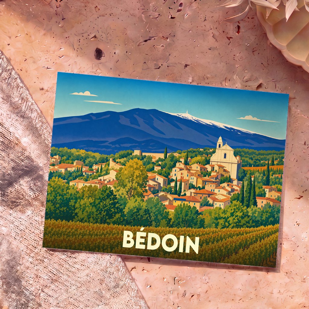 Carte postale souvenir de la ville de Bédoin avec une illustration stylisée du village au pied du mont Ventoux.