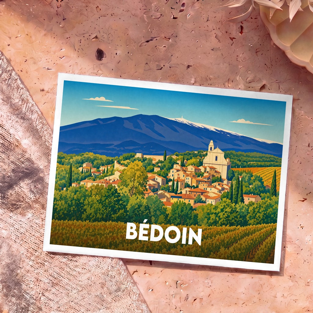 Carte postale souvenir de la ville de Bédoin avec une illustration stylisée du village au pied du mont Ventoux.