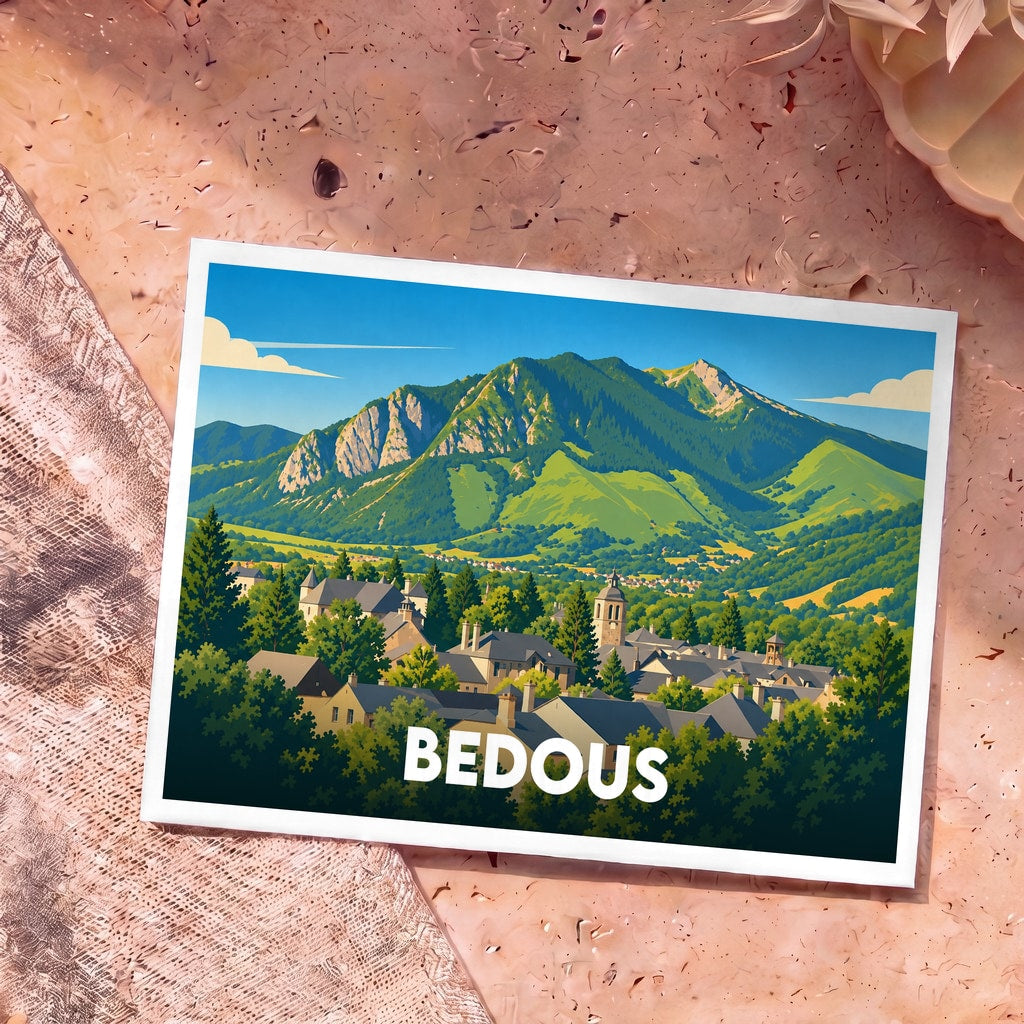 Carte postale souvenir de la ville de Bedous avec une illustration stylisée de son paysage montagneux.
