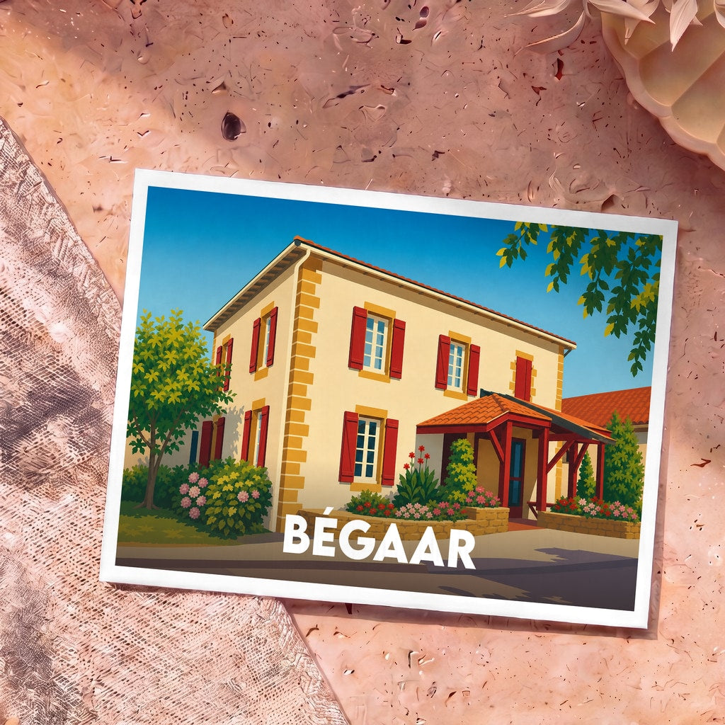 Carte postale souvenir de la ville de Bégaar avec une illustration stylisée d'une maison landaise traditionnelle.