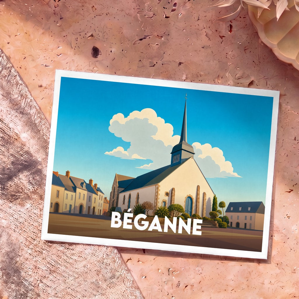 Carte postale souvenir de la ville de Béganne avec une illustration stylisée de son église sous un ciel azur.