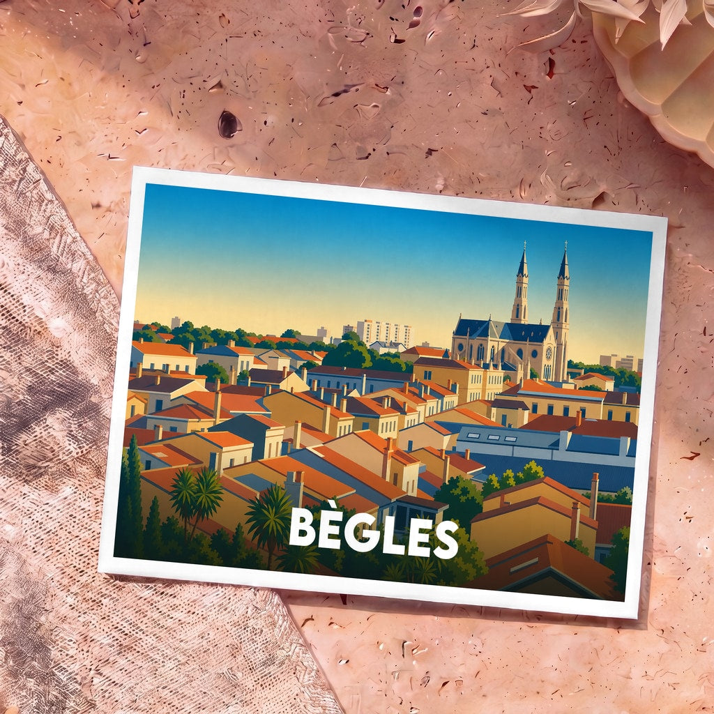Carte postale souvenir de la ville de Bègles avec une illustration stylisée montrant ses toits et son église.