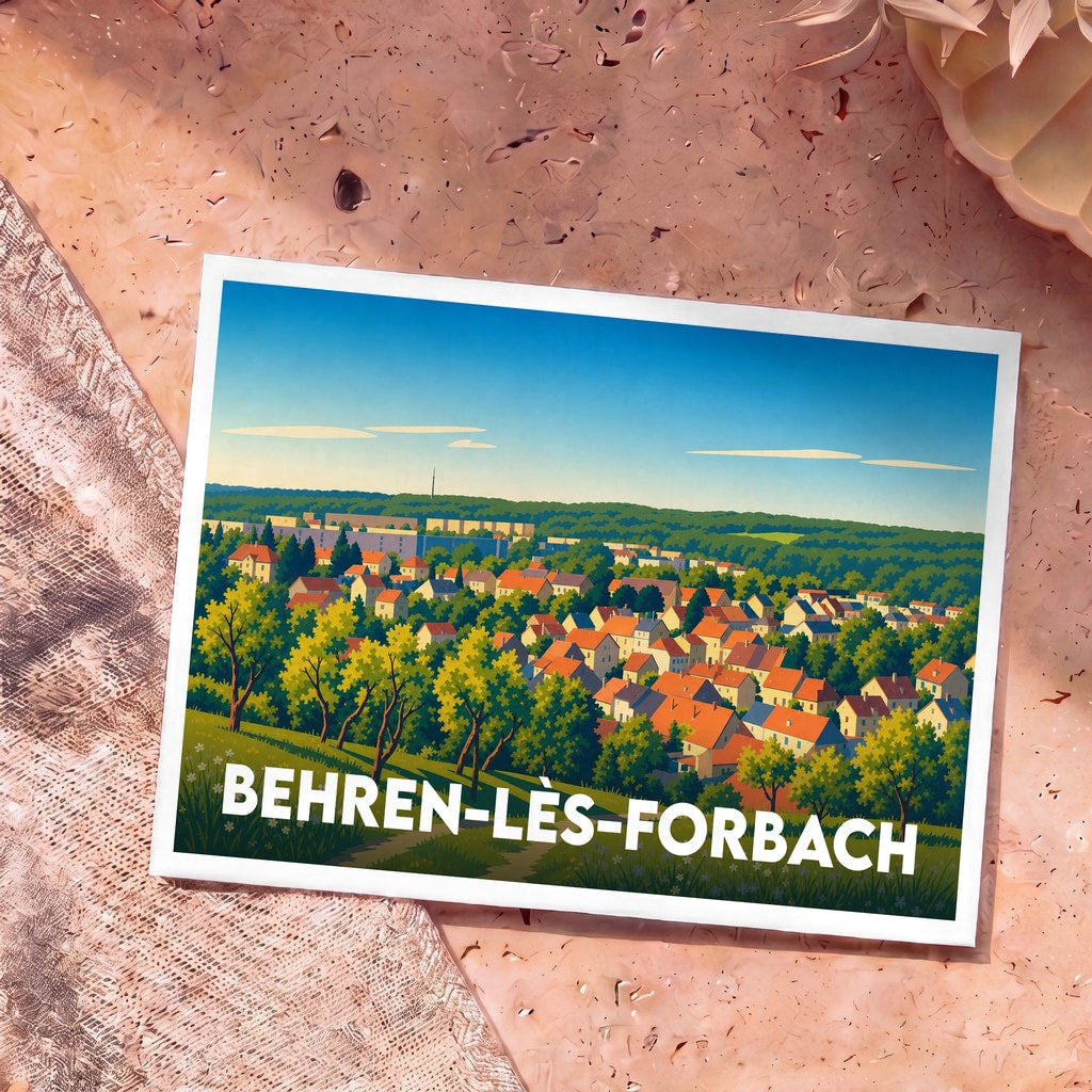 Carte postale souvenir de la ville de Behren-lès-Forbach arborant une illustration paysagère colorée et stylisée.